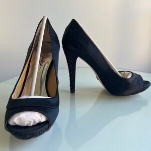 ABS by Allen Schwartz Black Satin with rhinestone heels Dress Shoes 8 1/2M